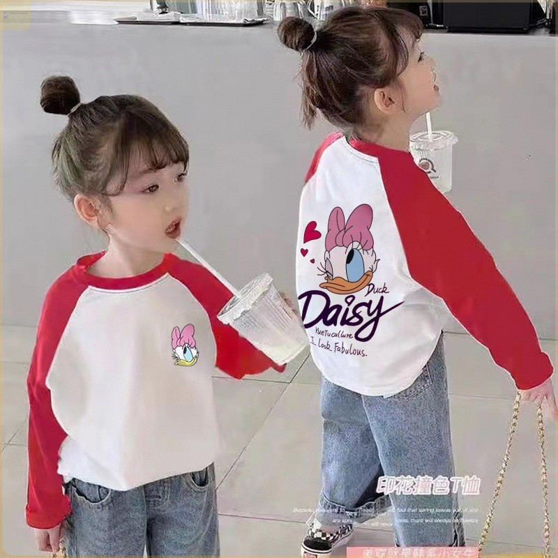สาวผ้าฝ้ายแขนยาวสี-blocking เสื้อยืดเวอร์ชั่นเกาหลีน่ารักท็อปส์กลางเด็กเล็ก Bott