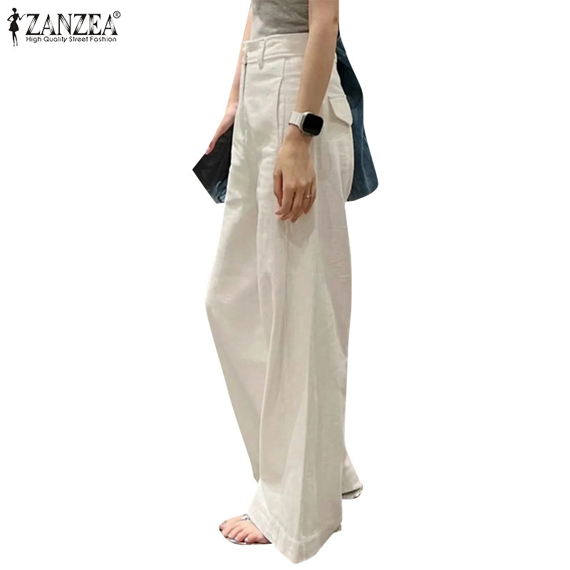 ZANZEA ซานเซีย ผู้หญิงแฟชั่นเกาหลีเอวยางยืดสีทึบกางเกงขากว้างหลวม