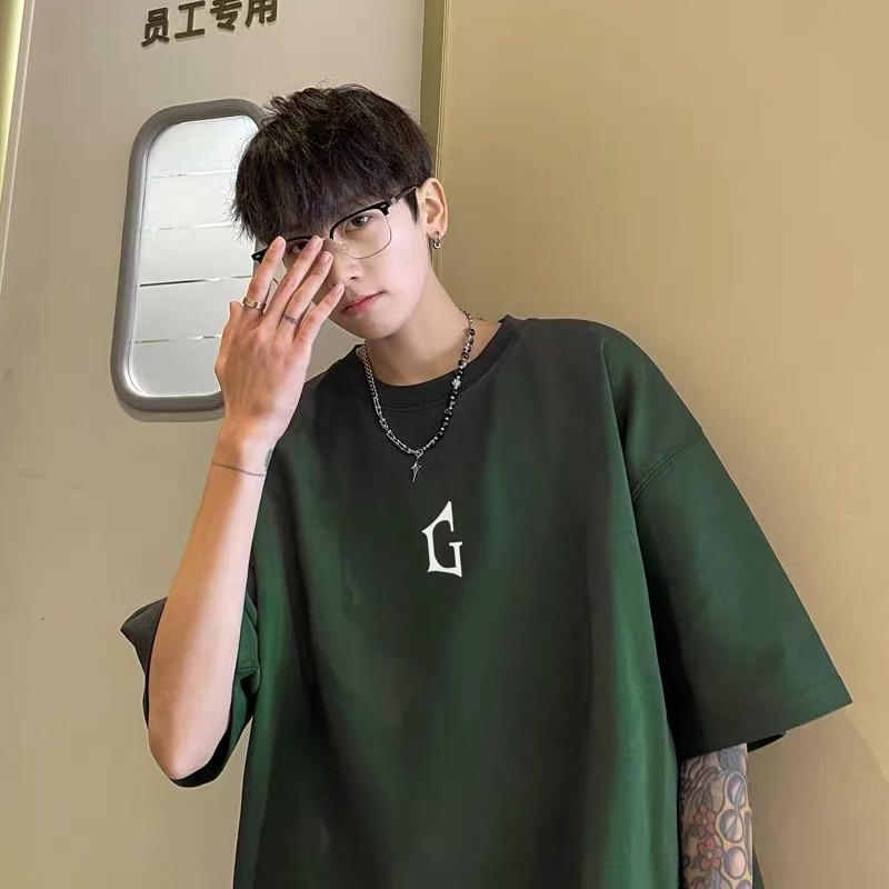 (จัดส่งตลอด 24 ชั่วโมง)Woo Right เสื้อยืดคอกลม แขนสั้น สีเขียวเข้ม สไตล์อเมริกัน ย้อนยุค โอเวอร์ไซซ์ สําหรับผู้ชาย 3
