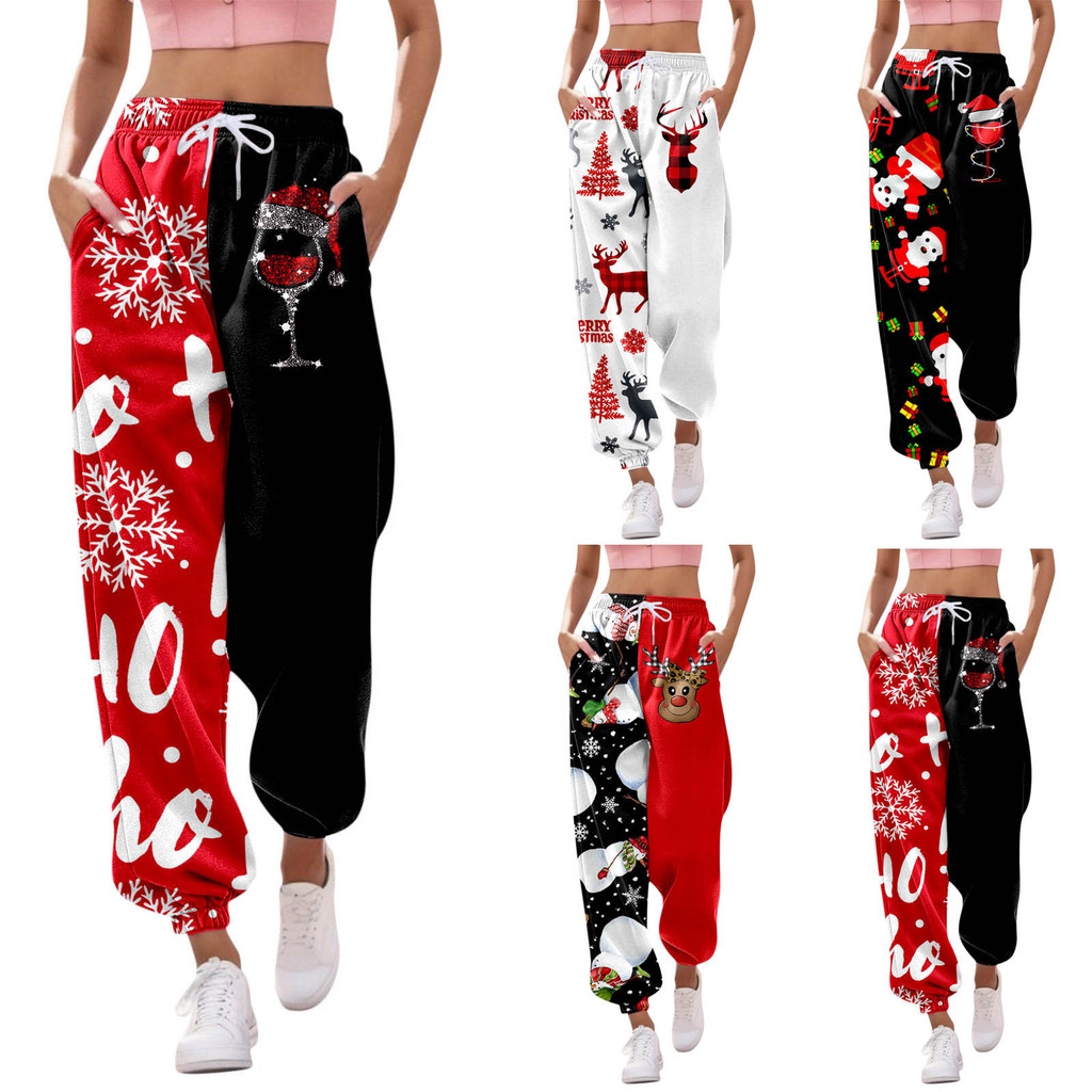Santa Lady Santa 3D กางเกงวอร์มพิมพ์ลาย Christmas Tree กางเกงพิมพ์ลายมนุษย์หิมะน่ารัก Street wear กางเกงวอร์มสี