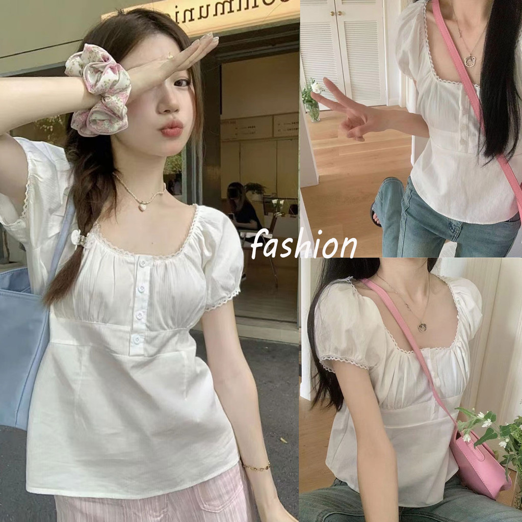 Dahong 💛W489 เสื้อเชิ้ตสีขาว แขนสั้น คอสี่เหลี่ยม แขนพัฟ หลวม ๆ ผ้าสไตล์บาง แฟชั่นเวอร์ชั่นเกาหลี