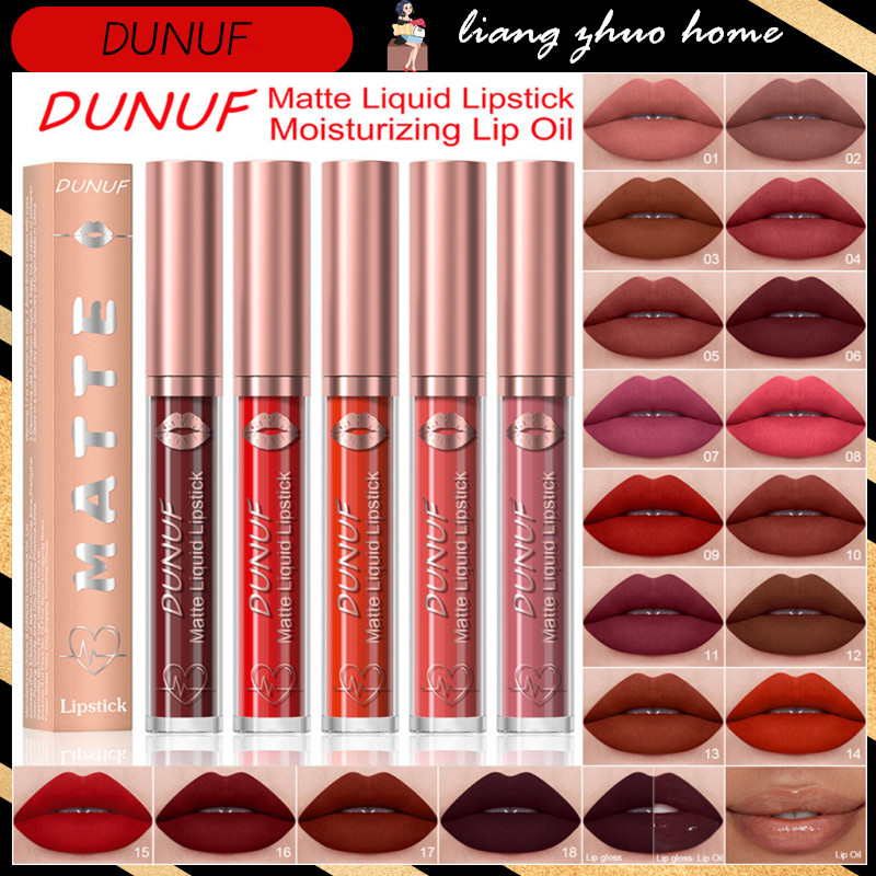 Dunuf 18 สีลิปกลอสกันน้ํา Nude Apricot Matte Liquid ลิปสติกโปร่งใส Lip Oil เซ็กซี่ Rose Red Velvet Matte ลิปสติก Make Up