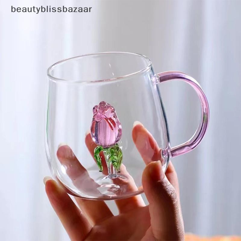[Beauty] ถ้วยแก้วดอกกุหลาบ 3 มิติพร้อมที่จับถ้วยอาหารเช้าในครัวเรือนสําหรับน้ําผลไม้กาแฟถ้วยใส