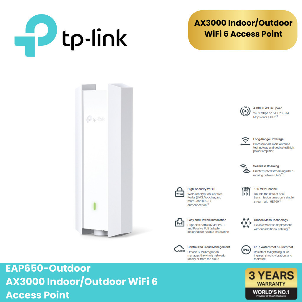 TP-LINK EAP650-Outdoor AX3000 Indoor/Outdoor WiFi 6 Access Point ตัวขยายสัญญาณ WIFI 6