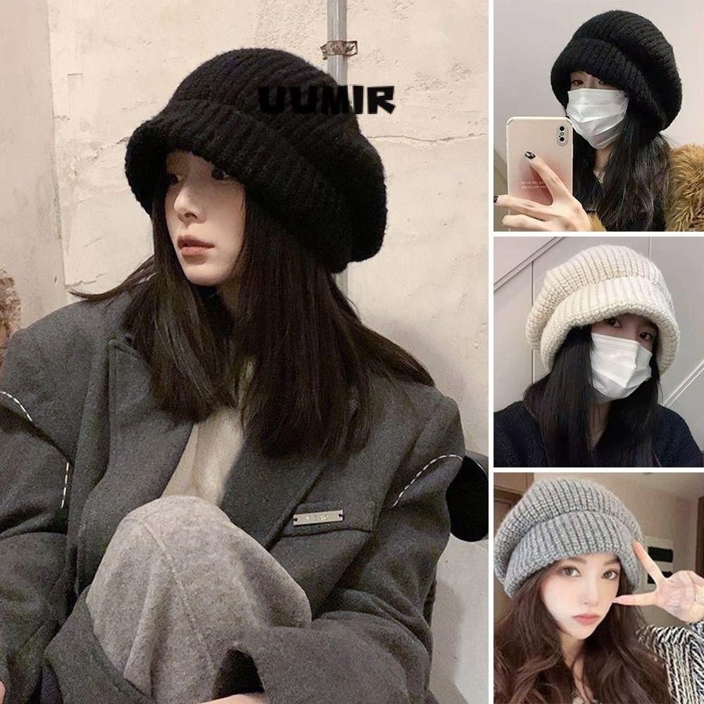 หมวกกันหนาว UMIR ​หมวกบีนนี่ขนาดใหญ่หนาสบายๆน่ารักกลางแจ้งป้องกันหูหมวกถักสําหรับผู้ชายผู้หญิง