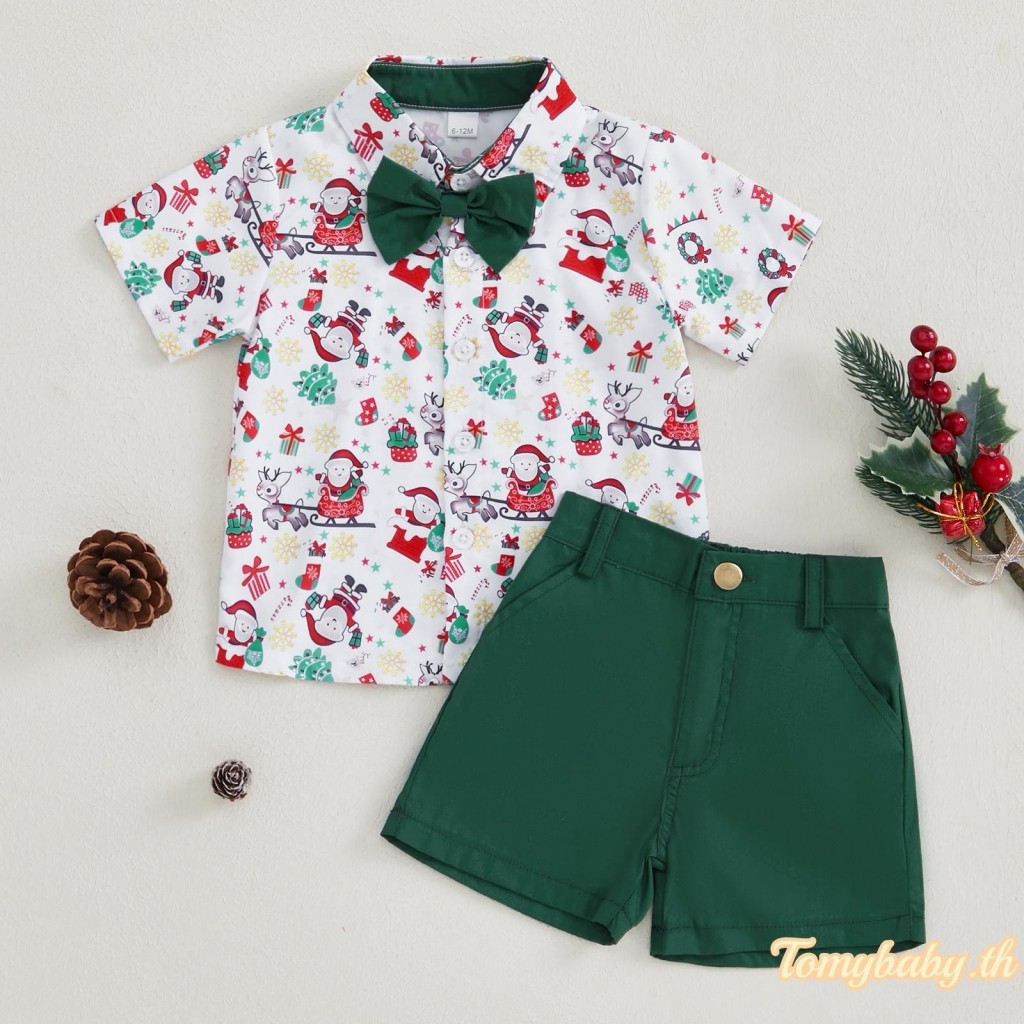 Tomybaby-ชุดคริสต์มาสสำหรับเด็กชาย เสื้อเชิ้ตแขนสั้นพิมพ์ลายซานต้าผูกโบว์ + กางเกงขาสั้น 2 ชิ้น ชุดสุภาพบุรุษ