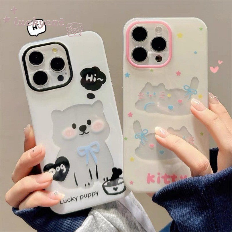 Iphone 16 15 14 13 12 11 Pro Max X Xr Xs Max 7 8 Plus SE2020 เคสโทรศัพท์น่ารัก Blue Bow แมวและสุนัขคู่ Clear Soft ฝาหลัง