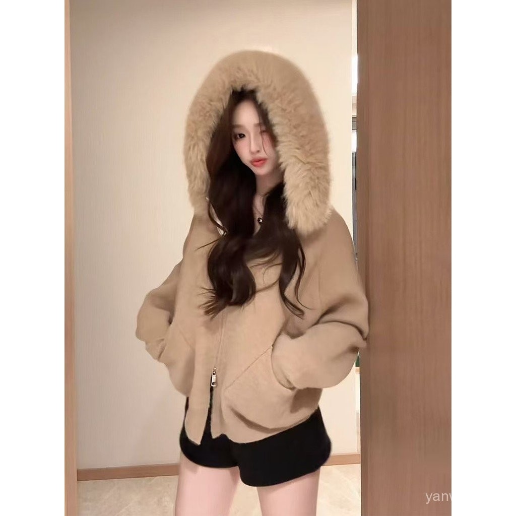 เสื้อสเวตเตอร์แขนยาวฤดูใบไม้ร่วงและฤดูหนาวมีฮู้ดซิปอารมณ์เสื้อสเวตเตอร์ถักแบบใหม่2024หลวม