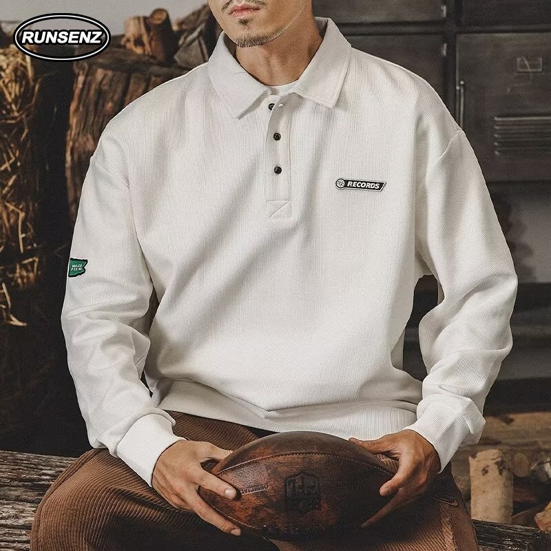 M-5xl สไตล์เกาหลี Simple เสื้อโปโลผู้ชาย Plus ขนาดสบายๆหลวมแขนยาว Oversize T เสื้อ