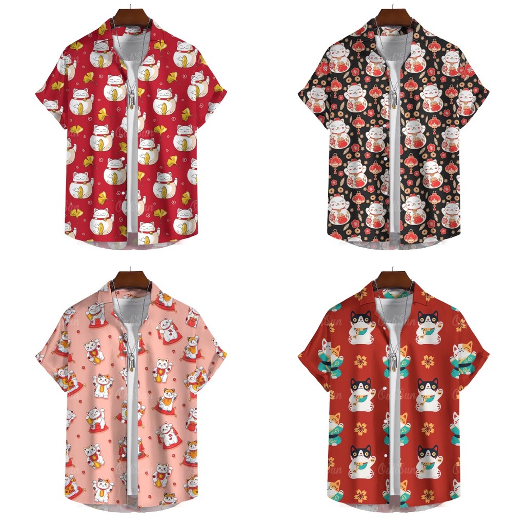 2025 คริสต์มาสเสื้อแขนสั้นผู้ชายแมวนําโชคพิมพ์ผู้ชายท็อปส์ฮาวายวันหยุดปกขนาดใหญ่เสื้อผ้าผู้ชาย