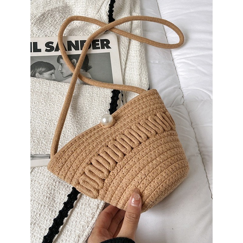 พร้อมส่ง กระเป๋าเชือกถักมุก เล่นลาย เชือกฝ้าย สายยาว งานเกรดพรีเมี่ยม P283
