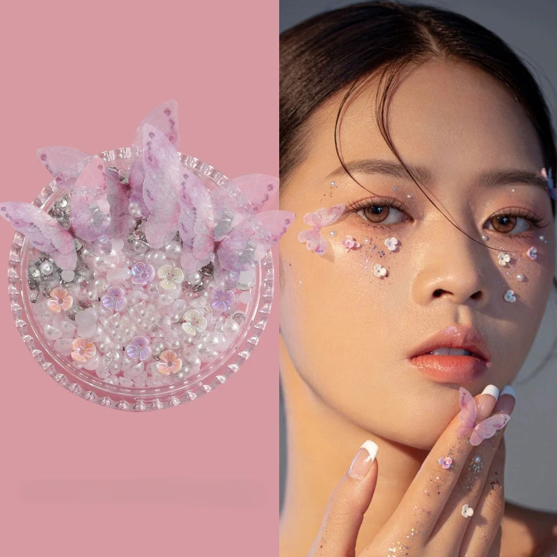 1กล่องตาใบหน้าแต่งหน้าใบตกแต่งแพทช์ผีเสื้อเพชร พลอยเทียม ทําเอง แต่งเล็บตกสําหรับผู้หญิงผู้ชายพรรคหน้า