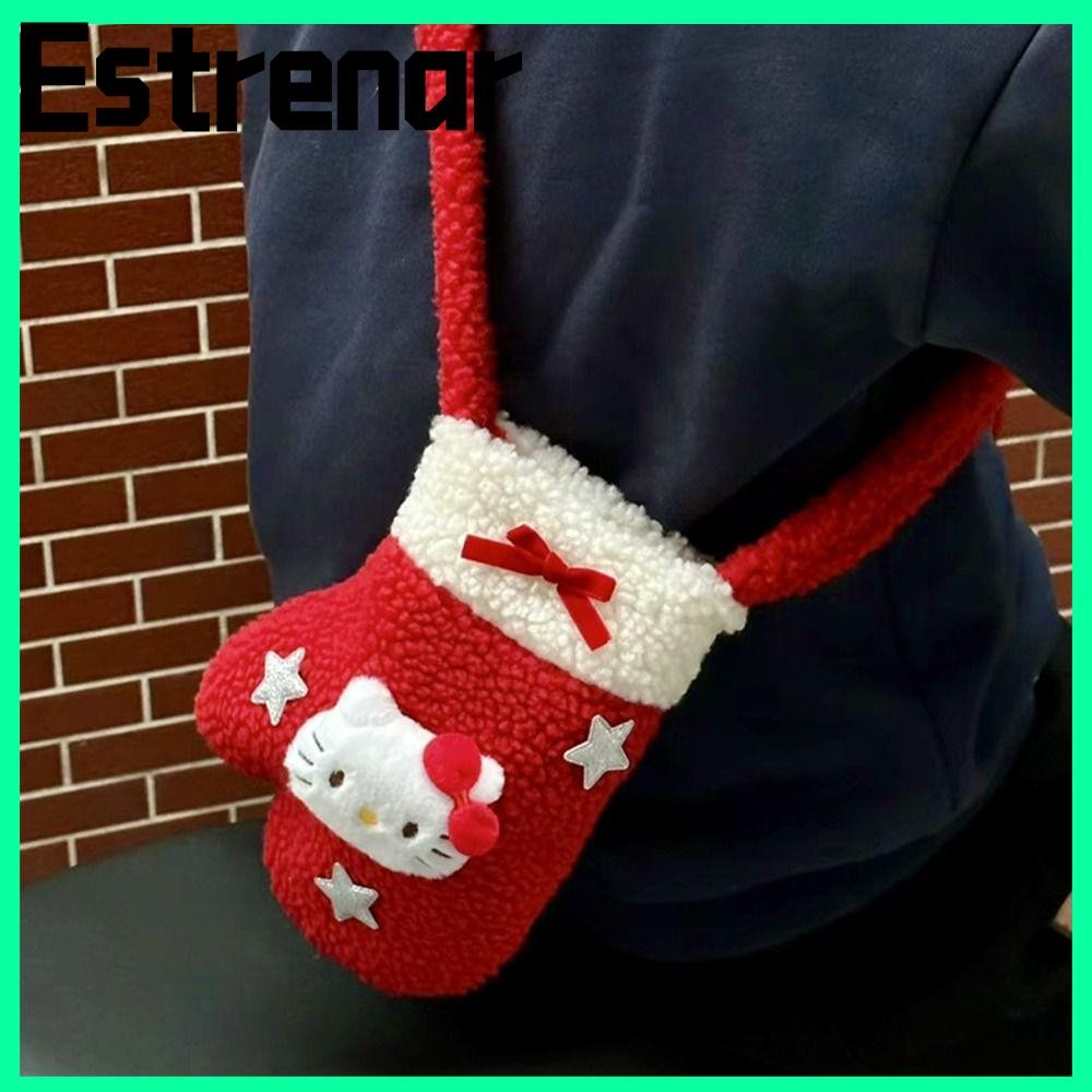 Estrenar กระเป๋าสะพาย, Sanrio Plush Fur Diagonal Crossbody Bag, Retro Hello Kitty Red KT Christmas Gift for Party