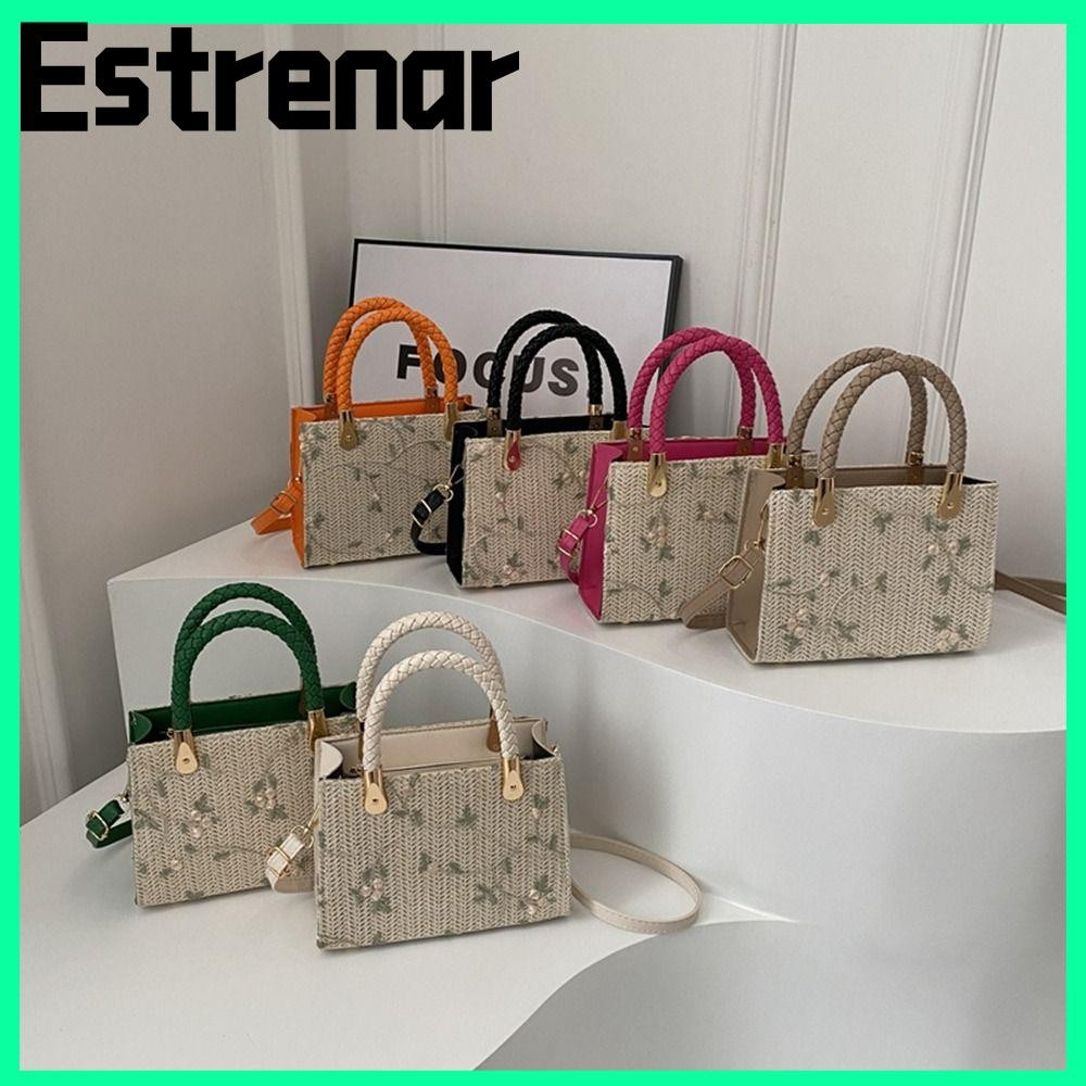 Estrenar กระเป๋าฟาง,หญ้าทอกระเป๋าถือถักเปียแฮนด์เมด,แฟชั่นหวายโบฮีเมียนความจุขนาดใหญ่กระเป๋าสะพายข้างสําหรับฤดูร้อนชายหาด