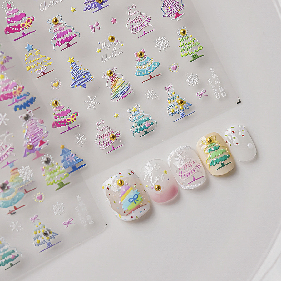 Ins Graffiti สีสันต้นคริสต์มาสสติกเกอร์แต่งเล็บ tomoni นูนคริสตัลเพชรน่ารัก Little Tree สติ๊กเกอร์ติดเล็บตกแต่ง