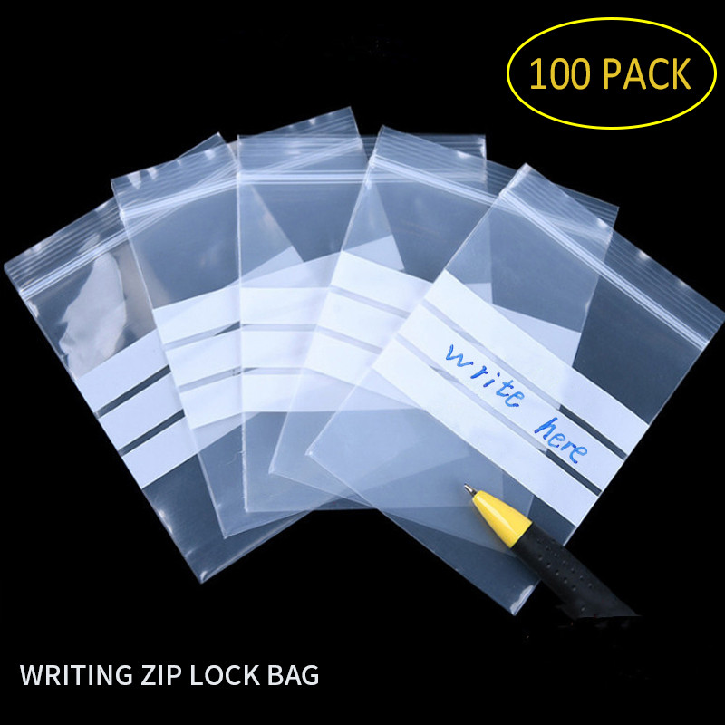 100 ชิ้นเขียนบรรจุภัณฑ์จําหมายเหตุกระเป๋าพลาสติก Zip Lock เครื่องประดับกระเป๋าเขียนบนซีล Self Resealable polythene