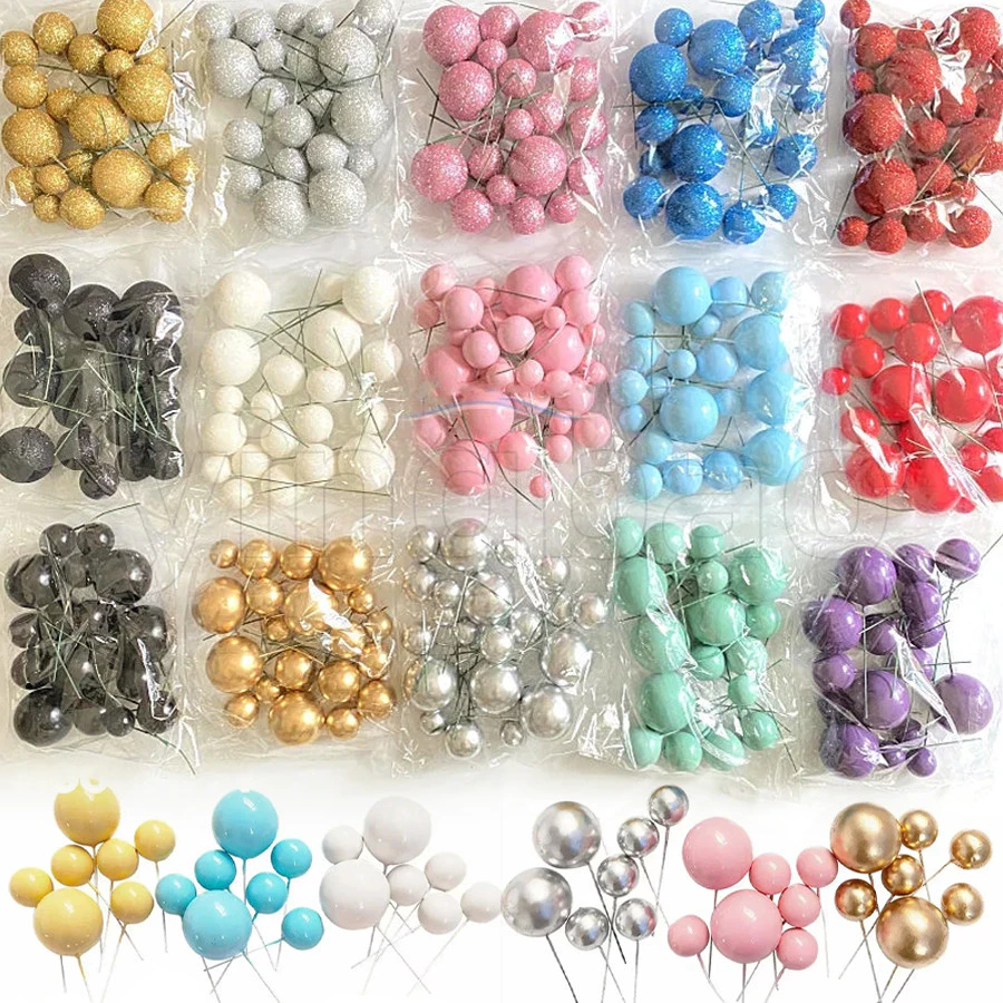20 ชิ้น/เซ็ต Ball เค้ก Toppers สีชมพูสีขาว Pearl Balls Cupcake Topper ธงคริสต์มาส Gold Silvers ลูกเด็กวันเกิดงานแต่งงานวันวาเลนไทน์ตกแต่ง Baby Shower