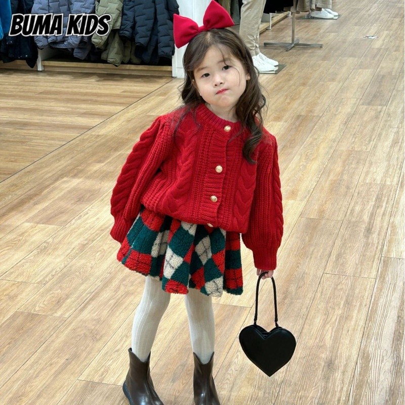 Buma KIDS เสื้อผ้าเด็กคริสต์มาส เสื้อกันหนาวหนาขนสัตว์ ชุดกระโปรงลายสก๊อต