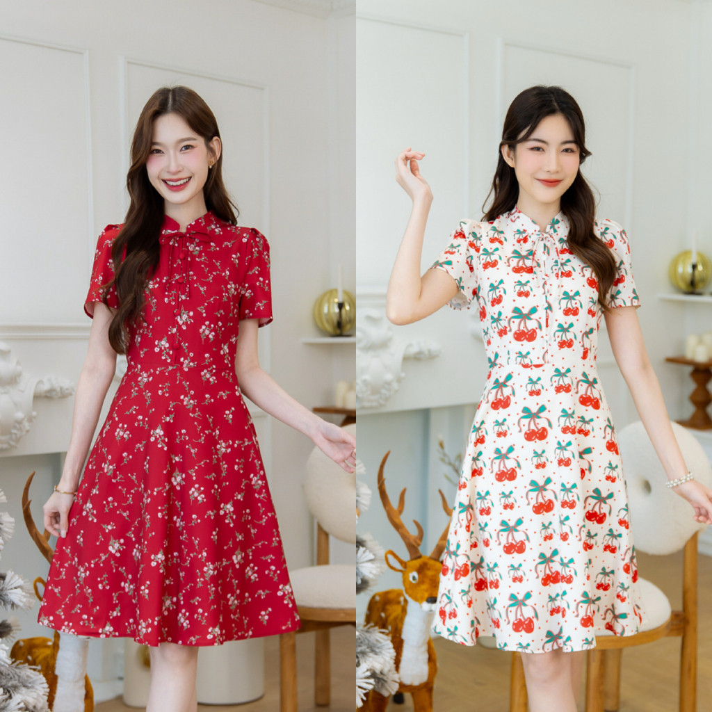 504-05คอโบว์คริสต์มาแดงและครีมเดรสคริสต์มาส