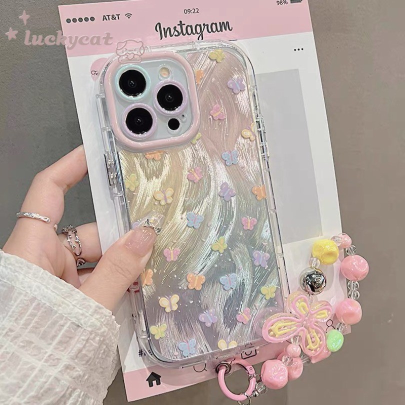 Iphone 16 15 14 13 12 11 Pro Max X Xr Xs Max 7 8 Plus SE2020 เคสโทรศัพท์หวานลูกอมสีผีเสื้อ + Lanyard Bling Clearฝาครอบโทรศัพท์