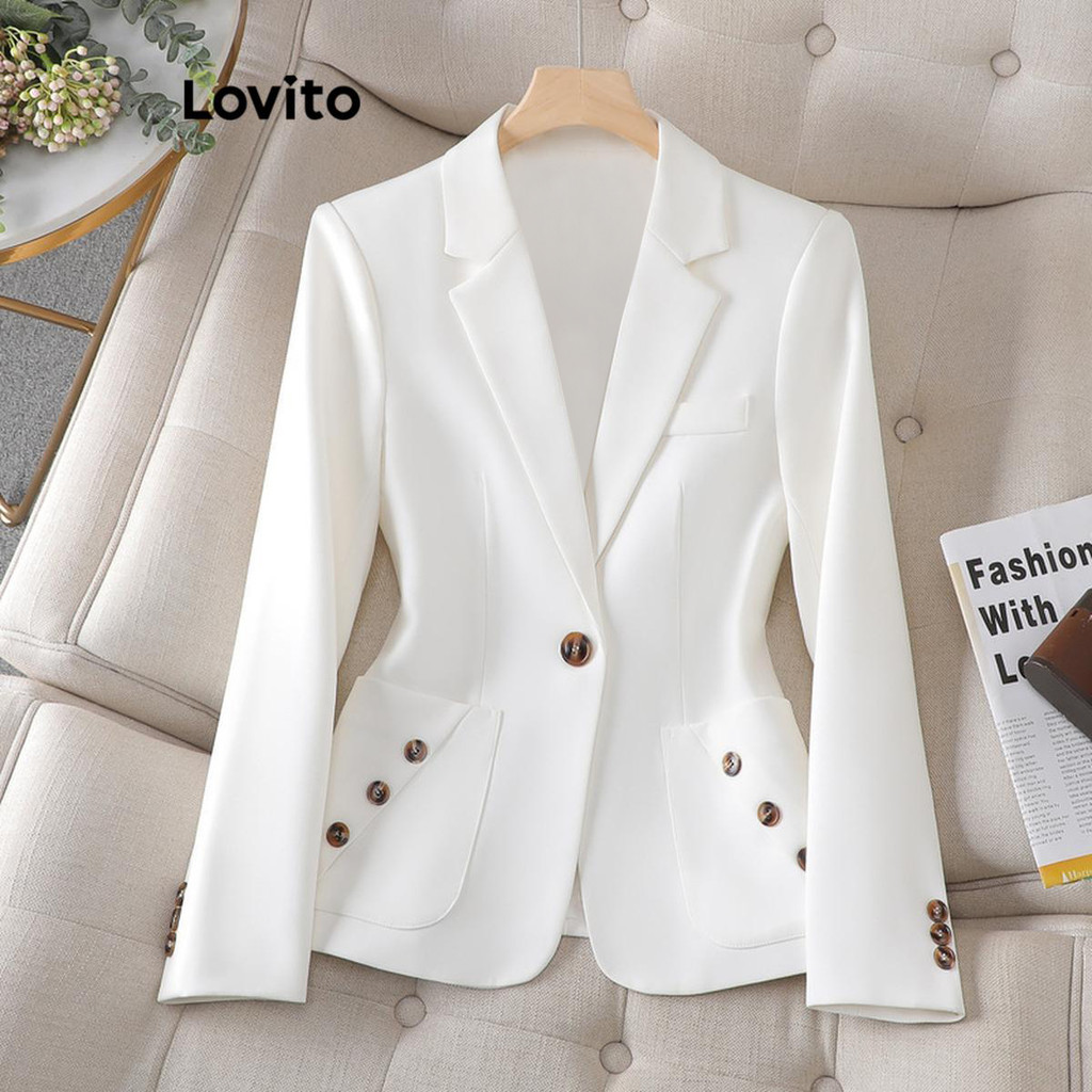 Lovito เบลเซอร์ผู้หญิง มีกระดุม สีพื้น สไตล์ลำลอง LNL62324