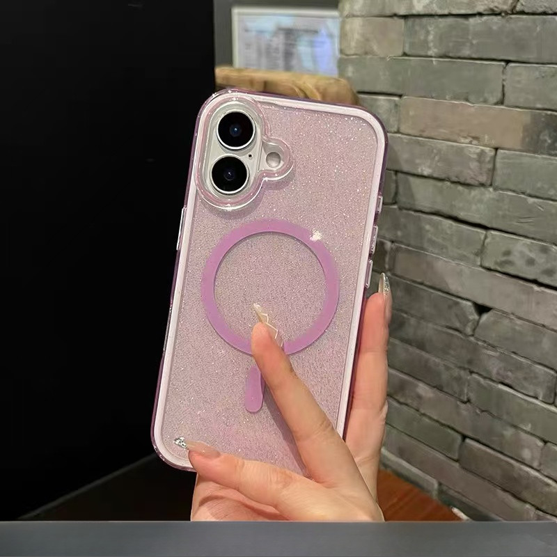 หรูหรากึ่งโปร่งใสglitterสีแม่เหล็กเคสโทรศัพท์สําหรับiphone 16 Plus 15 Pro Max 14 13 12 11 Pro Maxปลอกกันกระแทกกล้องเลนส์ป้องกันอะคริลิฮาร์ดปกหลังIPhone