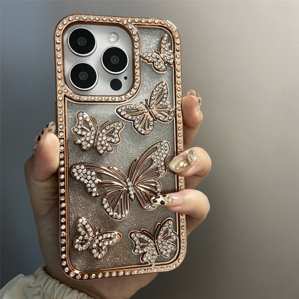 เคสโทรศัพท์ผีเสื้อเพชรแฟลชหรูหราเหมาะสําหรับ 16promax15pro14 13 12 11 Electroplating Shock-proof