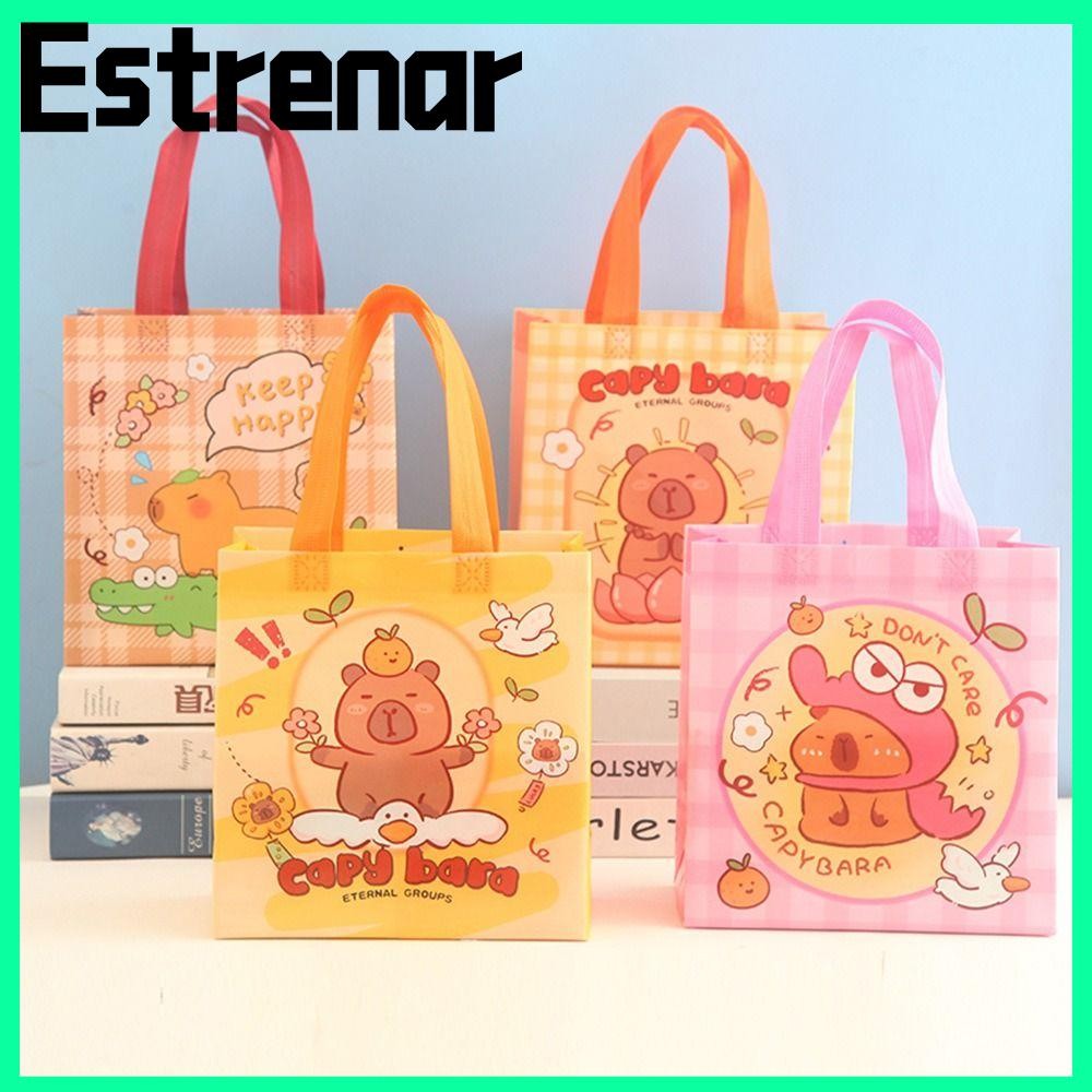 ถุงของขวัญขนม ESTRENAR, กระเป๋าโท้ต Capybara แบบพกพาแบบพับได้, ผ้าไม่ทอกระเป๋าถือการ์ตูน