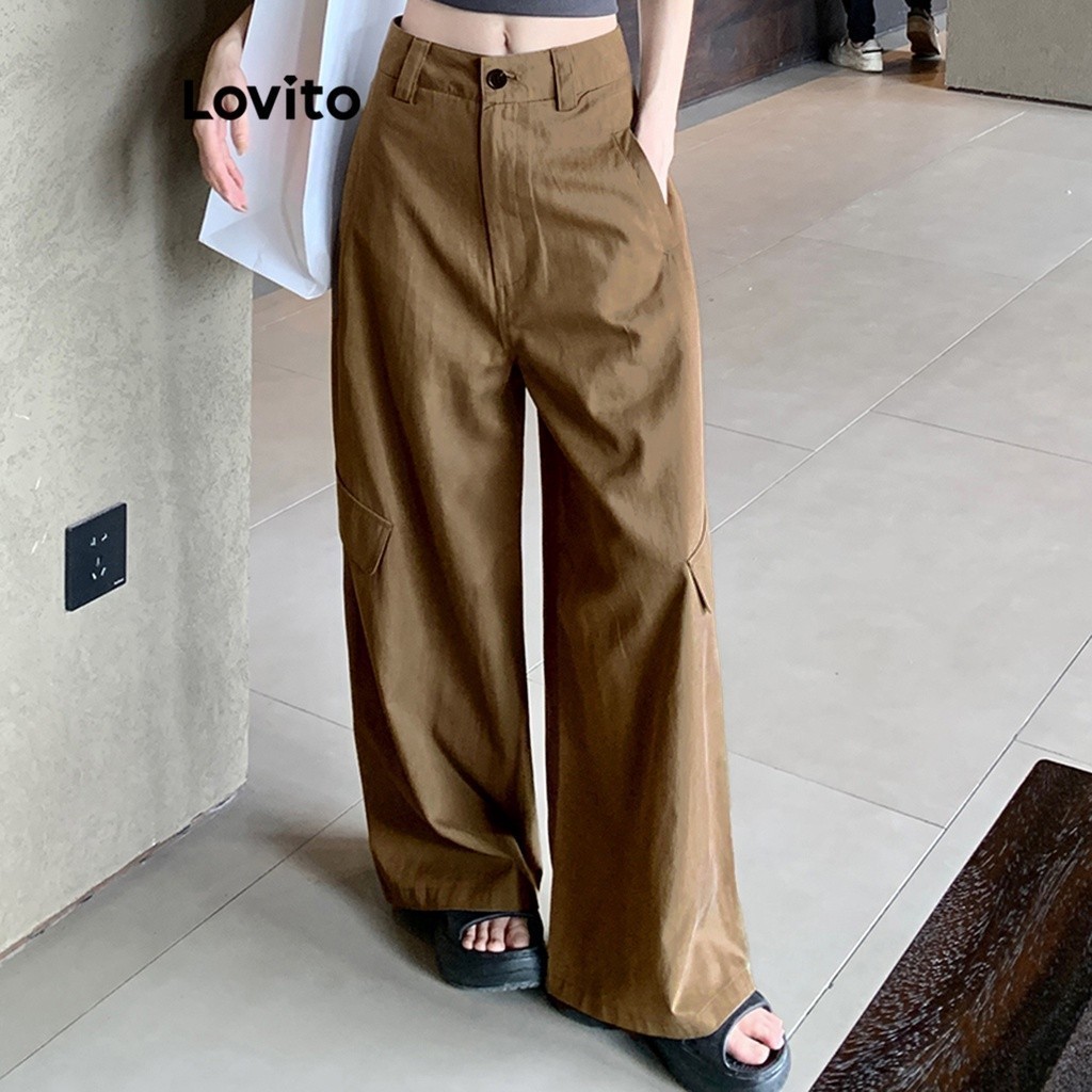Lovito กางเกงผู้หญิง มีซิป แต่งกระดุม กระเป๋า สีพื้น สไตล์ลำลอง LNE27129 (สีกาแฟ/ สีดำ)