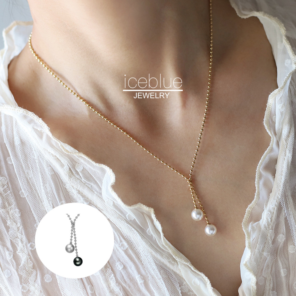 【iceblue】สร้อยคอไข่มุกสีขาว สีเทา และสีดำ เคลือบด้วยทองคำ 18K ทนทานต่อสนิมและน้ำ สำหรับผู้หญิง N120