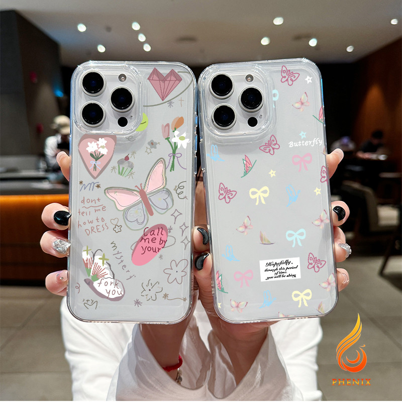 For เคสไอโฟน 13 12 11 iPhone 16 15 14 PRO MAX X XS XR 7/8PLUS ความโปร่งใส ดอกไม้ผีเสื้อสีป้องกันการตกของเคสโทรศัพท์เค