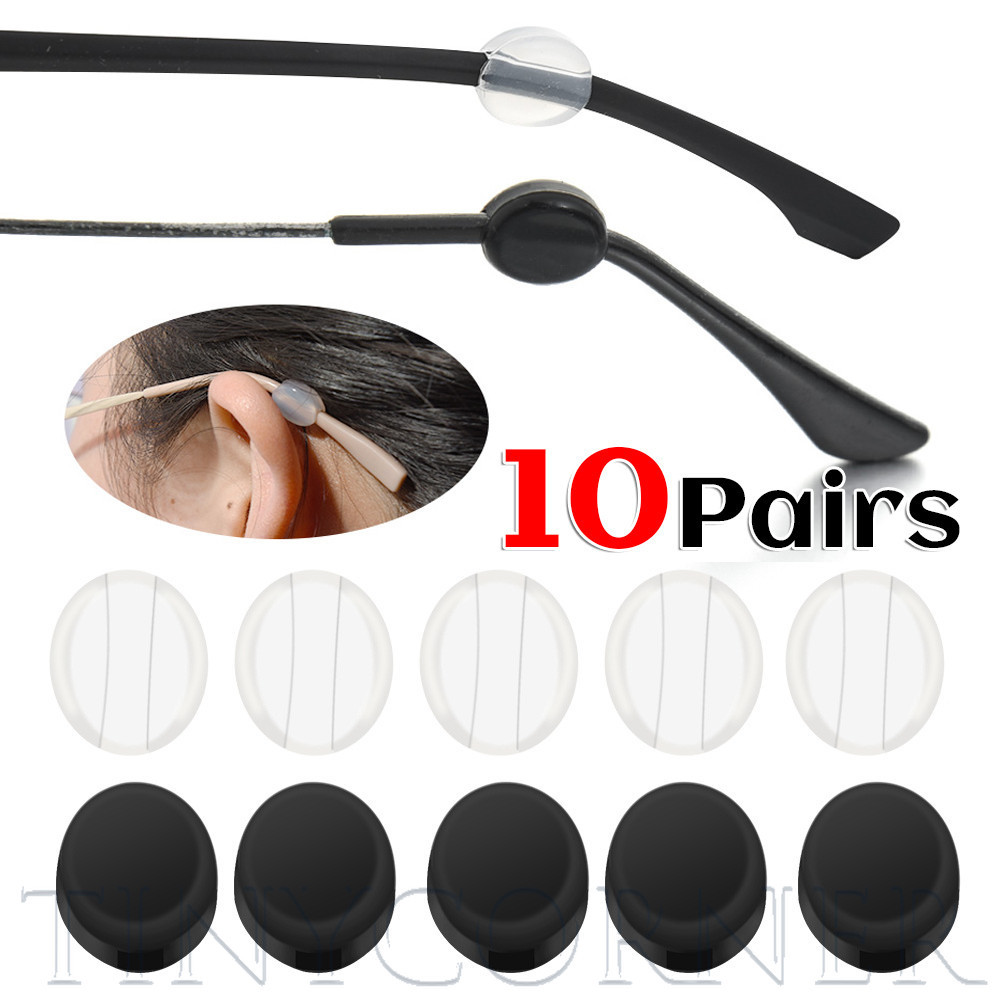 ที่เกี่ยวหูแว่นตากันลื่นซิลิโคน 10 คู่ | Soft Comfort Fit Retainer Holder สําหรับแว่นตาทรงกลม, อุปกรณ์เสริมด้ามจับหูขนาดเล็กสีดํา/ขาว