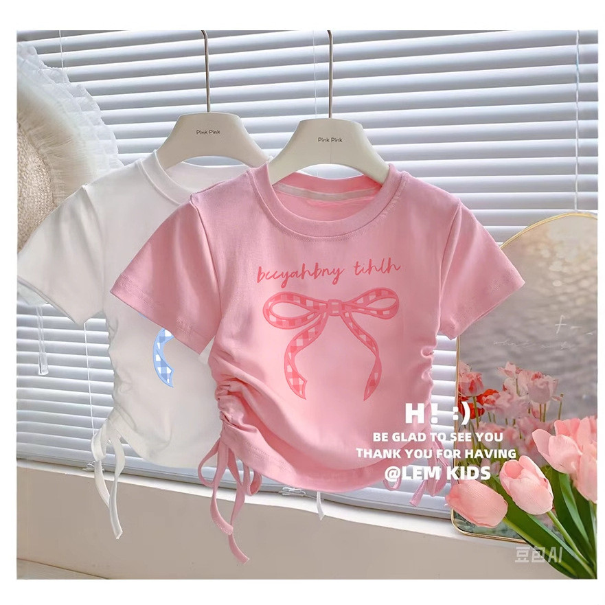ใหม่ขายดีคอกลม Dopamine สวม Bowknot Summer Girls Tops เสื้อยืดแขนสั้นไหล่ด้านหน้าแขนสั้น-0