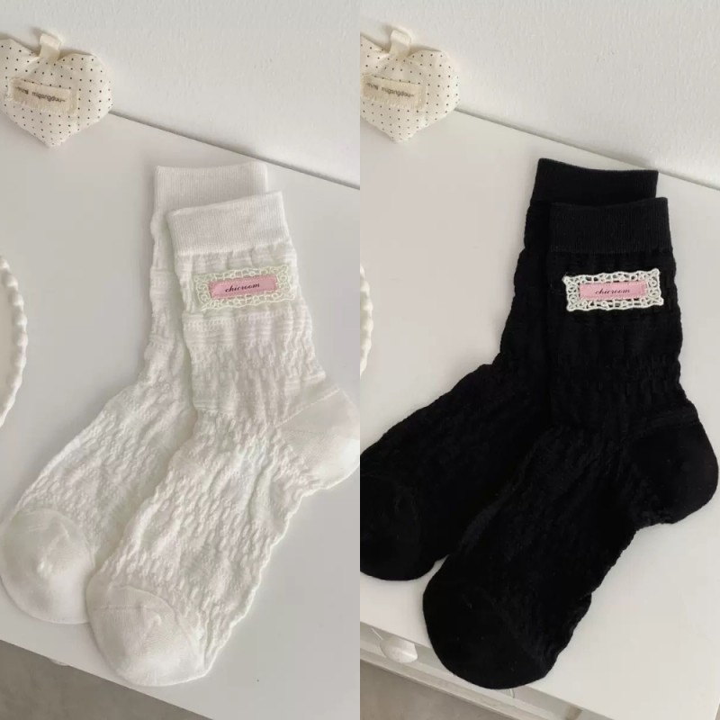 Ins Pink Lace Label ผ้าฝ้ายบางสีทึบจีบ Breathable Sweet Mid-Tube ถุงเท้าผู้หญิง - รูปที่ 6