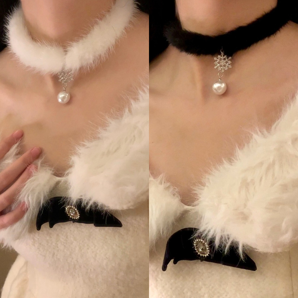 น่ารักขนนกหวานตุ๊กตาเกล็ดหิมะมุกสร้อยคอเค้นคอสําหรับผู้หญิงพรรคเค้นคอสร้อยคอ