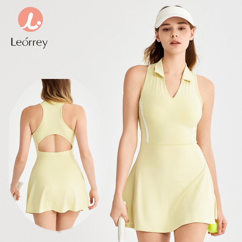 Leorrey-กระโปรงเทนนิส ชุดกีฬาวันพีซพร้อมแผ่นรองกันลื่น ชุดออกกำลังกาย กอล์ฟ ชุดโยคะ