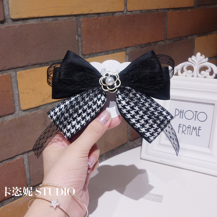 กิ๊บติดผมโบว์แฮนด์เมดบริสุทธิ์ Chanel สไตล์ Houndstooth เครื่องประดับผมด้านหลังหัวสปริงคลิปผมหางม้าคลิปด้านบน Super Fairy Hairpin