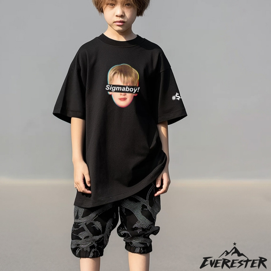 S-5XL EVERESTER เสื้อผ้าเด็ก 4-12 ปี เสื้อคอฟิต Oversize เด็กผู้ชาย Sigma boy สีดำ เสื้อยืด ผู้ชาย K