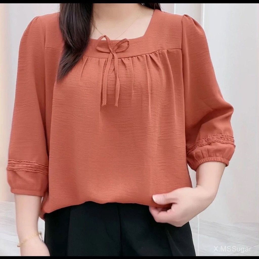 ขนาดใหญ่ เสื้อเชิ้ตแขน 3/4 คอเหลี่ยมสำหรับผู้หญิง แฟชั่นใหม่ฤดูใบไม้ผลิ 2025 สไตล์เกาหลี เสื้อหลวม