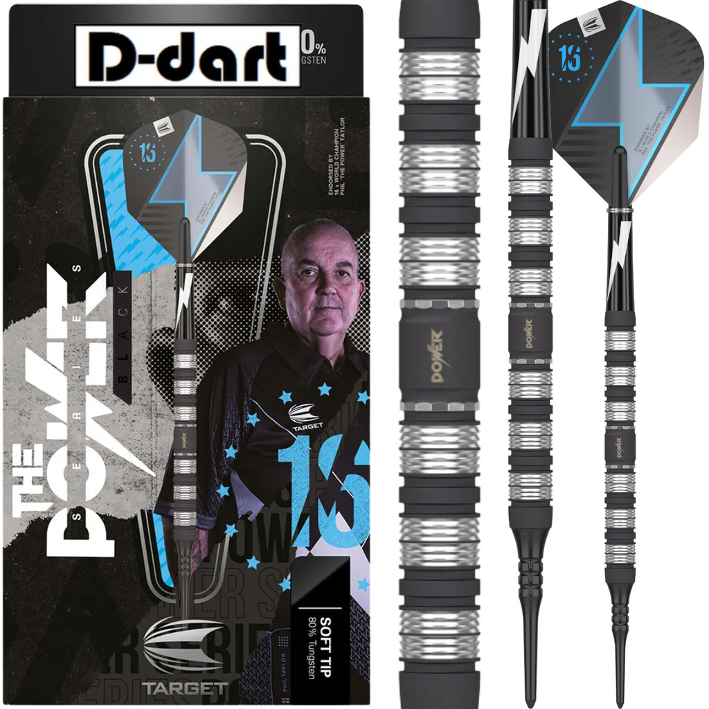TARGET SOFT TIP DARTS - 18G/20G PHIL TAYLOR POWER SERIES BLACK 80% TUNGSTEN DART SET