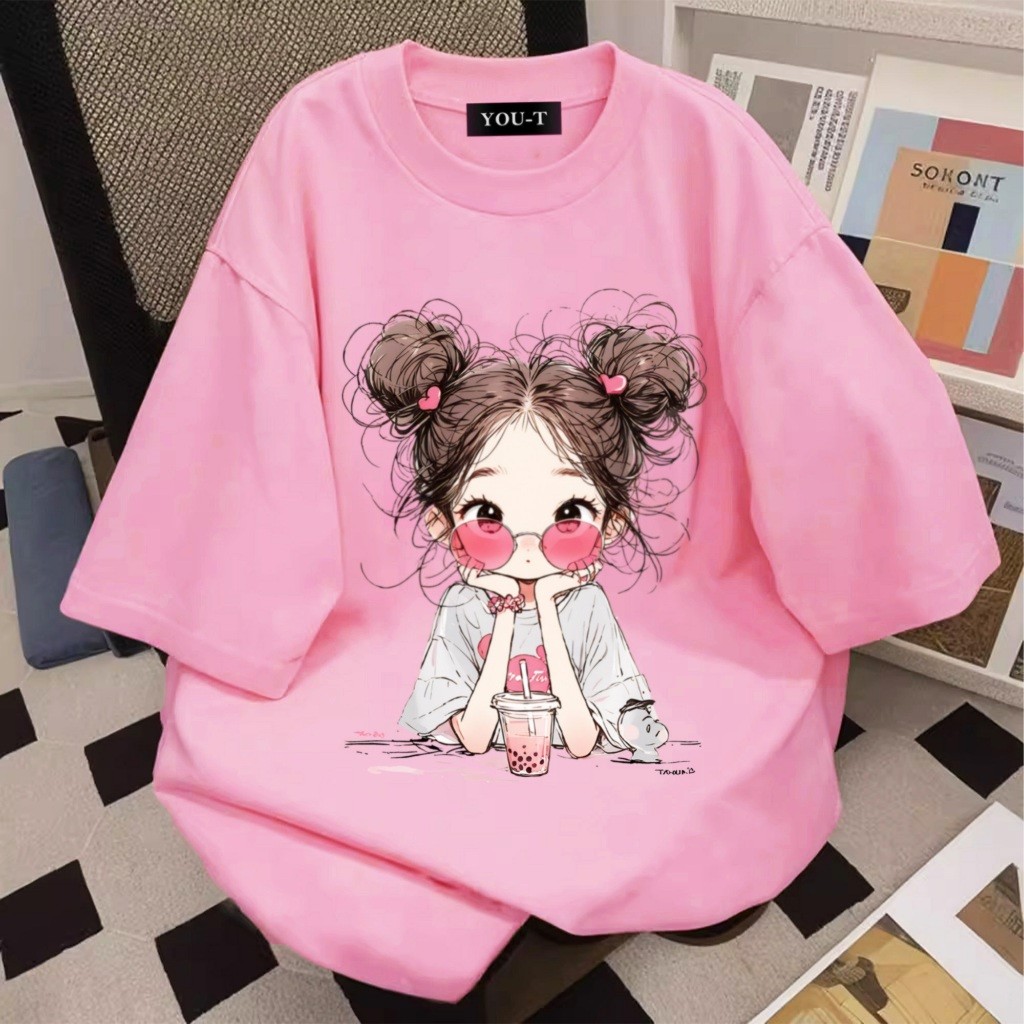 Um🦋 สีม่วง🔥 รูปแบบใหม่ t shirt สาวอวบ เสื้อยืด oversize''milk tea Girl''แฟชั่น แนวสตรีท สไตล์เกาหลี 