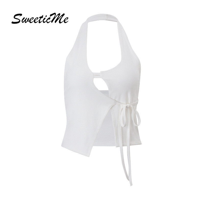 SweeticMe ผู้หญิง 2025 ใหม่แฟชั่นสีทึบเซ็กซี่ Hollow Lacing Halter เสื้อกล้าม Camisole