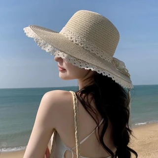 ☀️Fashion girl☀️หมวกฟางลูกไม้ สไตล์เกาหลี หมวกแฟชั่น ขนาดใหญ่ ระบายอากาศได้ การป้องกันแสงแดด สําหรับผู้หญิง