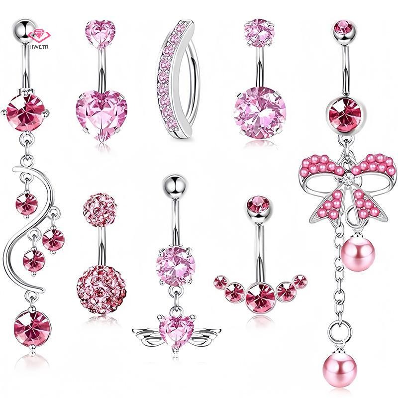 HWETR Simple สีชมพู Navel แหวนผู้หญิงแฟชั่น Belly ปุ่มแหวนเซ็กซี่ Belly เจาะเครื่องประดับสแตนเลส Belly ปุ่มแหวนใหม่