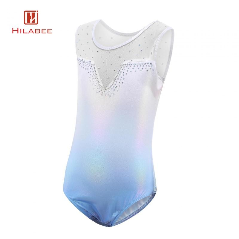 [hilabee] ชุดรัดรูปยิมนาสติกสําหรับเด็กผู้หญิงสีฟ้าแขนกุด Tulle Splicing เสื้อผ้าชุดกีฬา