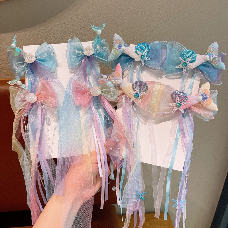 เด็ก Han จีนเครื่องแต่งกาย Barrettes สาว Mermaid Pearl Shell พู่คู่กิ๊บเจ้าหญิง Elsa Hairclip อุปกรณ์เสริม