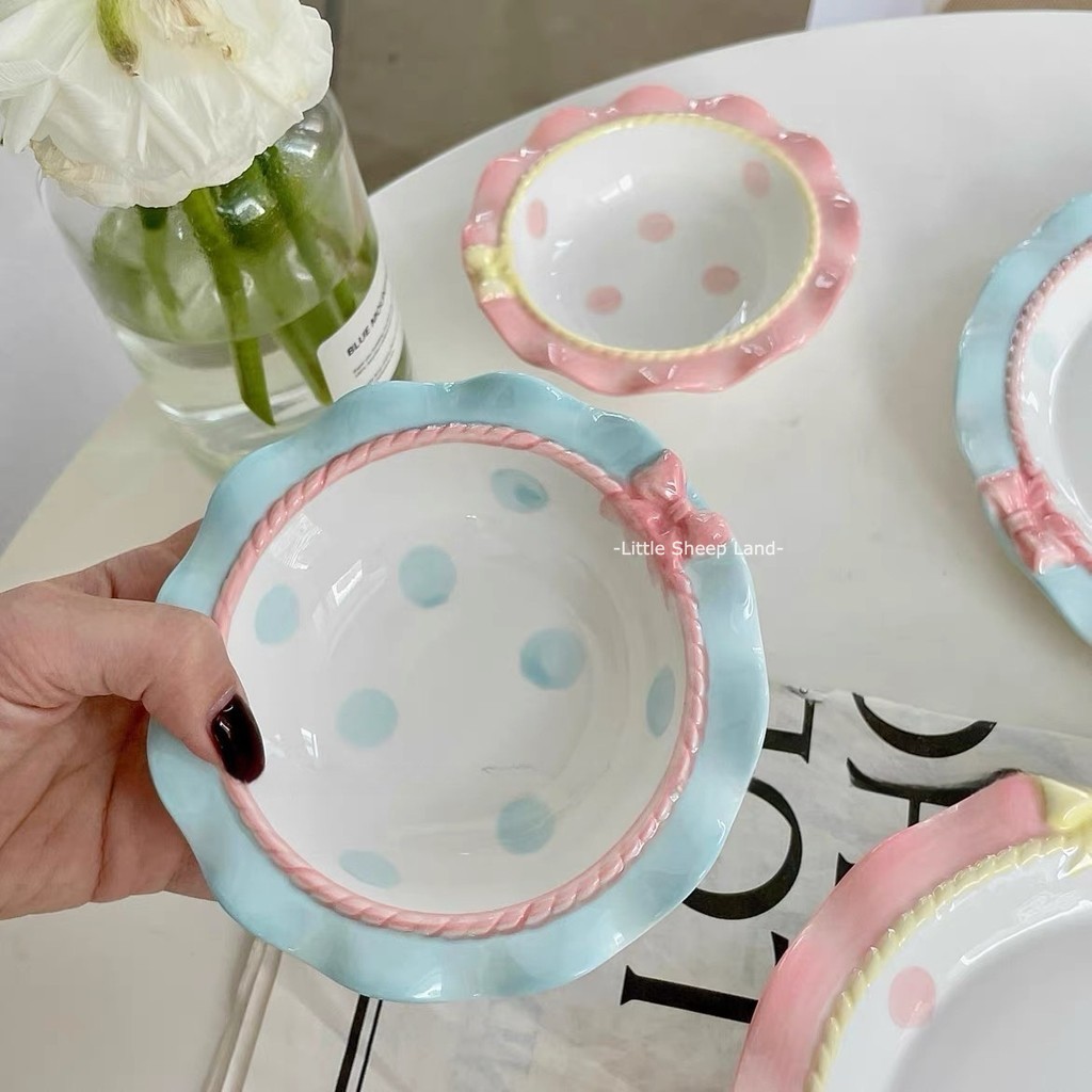 จานขนม จานเซรามิค insจานรูปหัวใจลายจุดโบว์น่ารัก สไตล์เกาหลี - รูปที่ 3