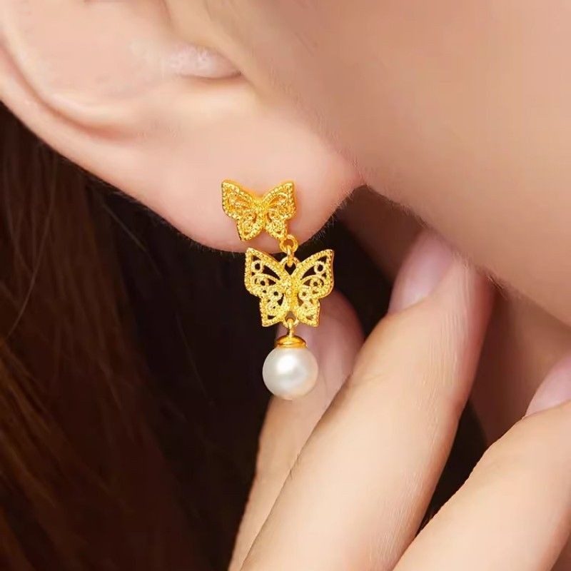 Fgf999ต่างหูทองคําบริสุทธิ์24พันทองคําบริสุทธิ์กลวงดอกไม้โบว์ผ้าไหมต่างหูทองแท้อารมณ์ต่างหูมุกของขวั