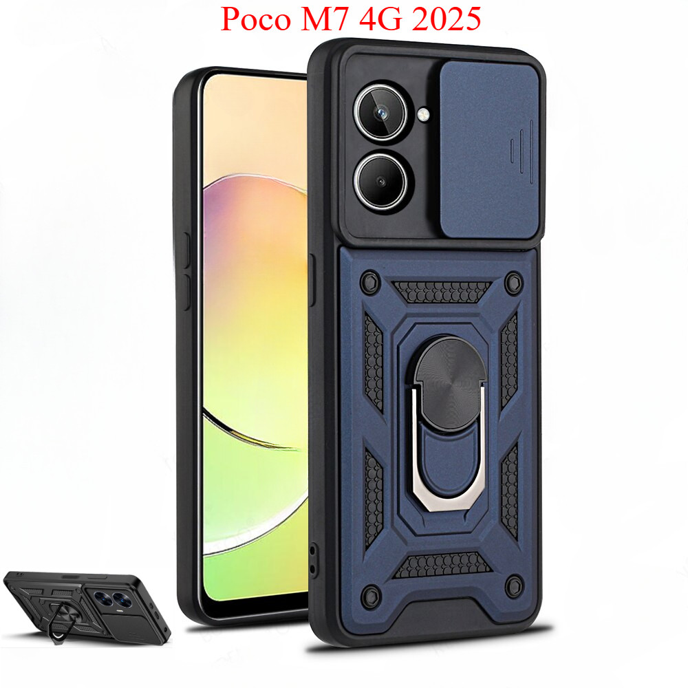 เคสโทรศัพท์สําหรับ POCO M7 4G POCOM7 Poco M7 M6 Plus M7 Pro 5G 4G 2025 แฟชั่นโลหะเกราะแหวนวงเล็บ Push ดึงกล้องกันกระแทกป้องกันปลอกปกแข็ง