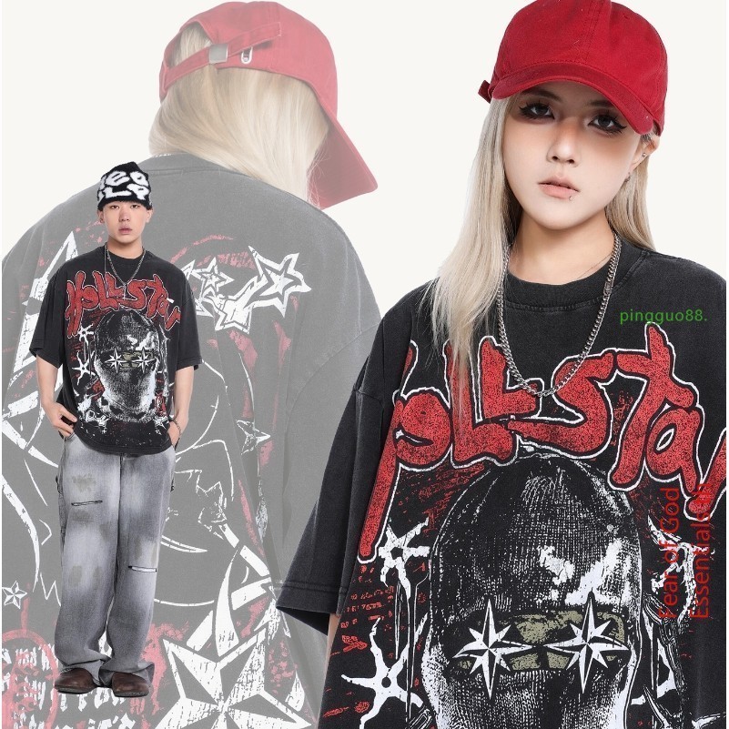เสื้อยืด พิมพ์ลาย HELLSTAR ทรงหลวม สไตล์วินเทจ แฟชั่นฤดูร้อน สําหรับผู้ชาย และผู้หญิง